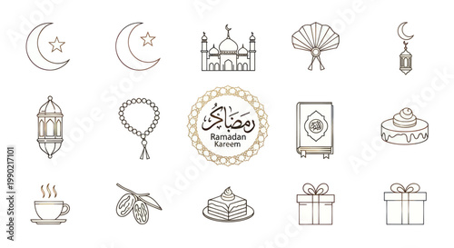 Ramadan Icons Collection: Moon, Mosque, Dates, Coffee, Cake, Gift, Quran, Lantern, Rosary