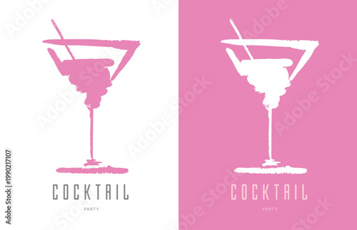 Hand drawing watercolor cocktail cosmopolitan silhoutte isolated on white and pink background. Vector illustration.