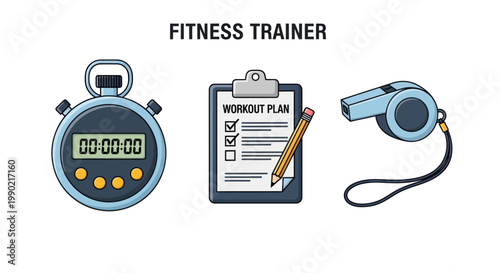 Fitness Trainer Icons: Stopwatch, Workout Plan Clipboard, Whistle