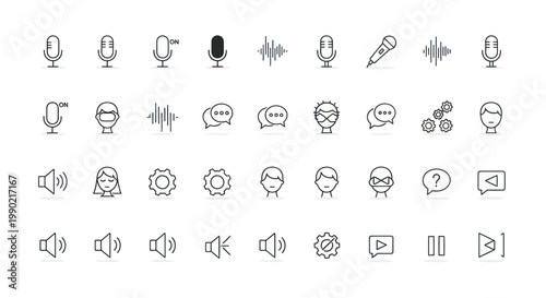 Set of 44 vector icons for audio, communication, settings, and user profiles on white background