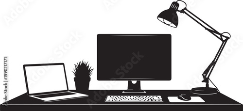 Black and white desk with computer and office supplies mouse