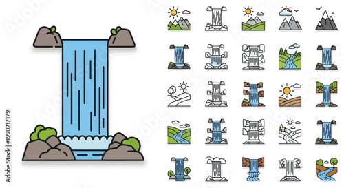 Stylized Waterfall Icons Set: Nature Landscape Elements & Water Flow Collection