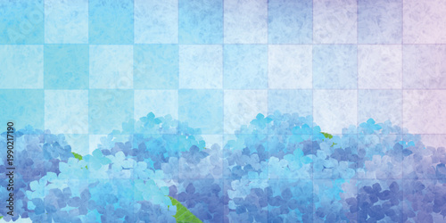 Blue Hydrangea Flowers on a Traditional Japanese Checkered Pattern Background