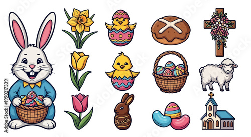 Easter Symbols Collection: Bunny, Chicks, Eggs, Flowers, Cross, Sheep, Church