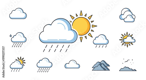 Weather Icons: Sun, Clouds, Rain, Mountains - Forecast Symbols Collection