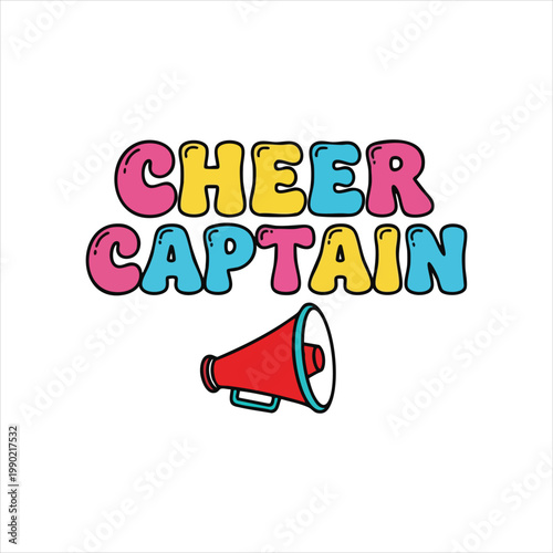 Cheer captain text graphic with megaphone encouragement enthusiasm megaphone announcement excitement typography motivation uplifting positive striking energetic teamwork performance
