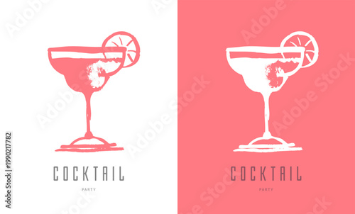 Hand drawing watercolor cocktail cosmopolitan silhoutte isolated on white and pink background. Vector illustration.
