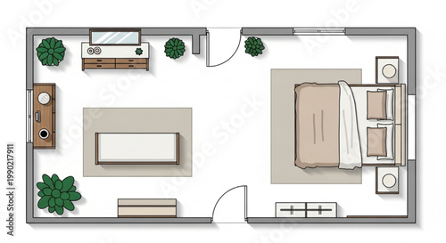 Top View Luxury Bedroom Layout Symbols with King Beds Dressers Mirrors and Plants