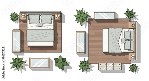 Top View Luxury Bedroom Layout Symbols with King Beds Dressers Mirrors and Plants