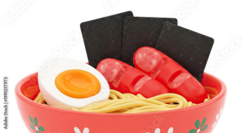 Stylized Ramen Bowl with Egg, Sausage, and Nori