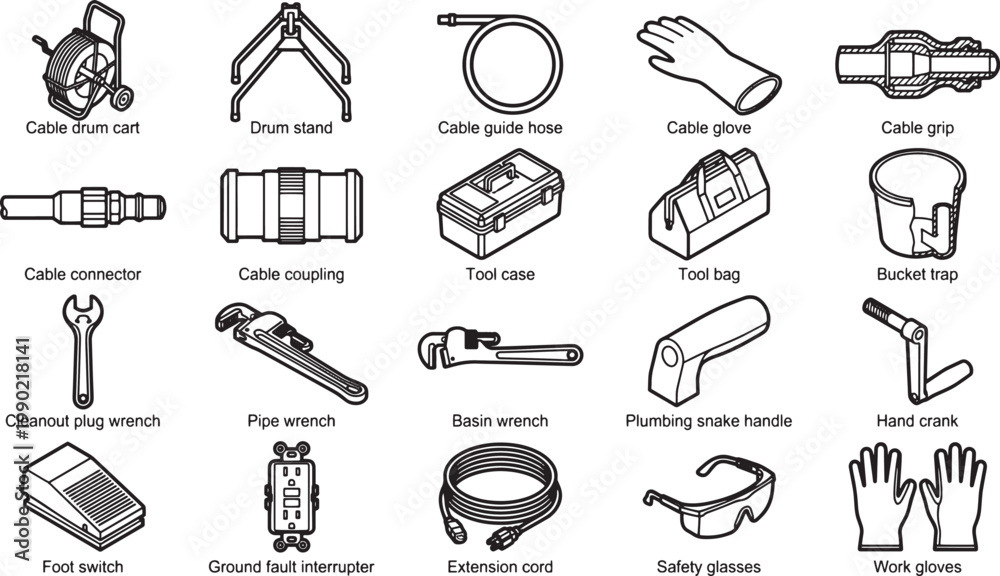 Fototapeta premium Assortment of equipment in the style of simple line art, with a focus on tools used for various maintenance tasks, arranged against a clean backdrop.