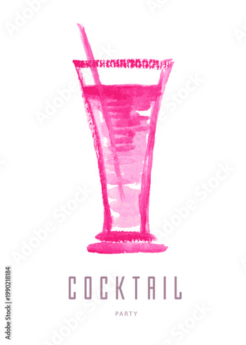 Hand drawing watercolor cosmopolitan or tequila sunrise isolated on white background. Wine glass design. Vector illustration.