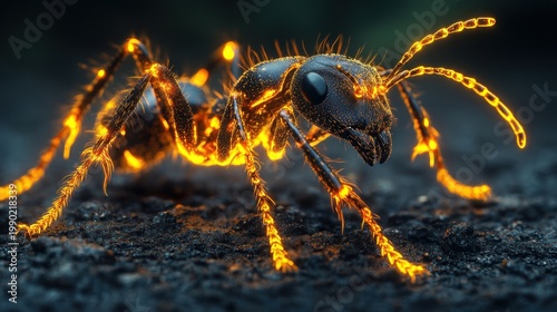 Glowing ant, dark ground, close-up, nature, digital art