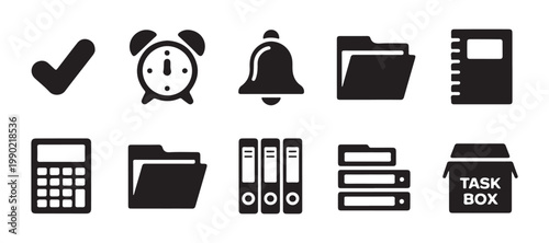 Set of common office and business icons including clock calculator bell folder and notebook for organization tasks.