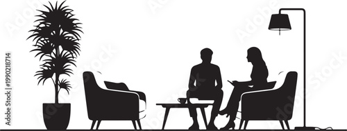 Black silhouette of couple sitting in armchairs with woman
