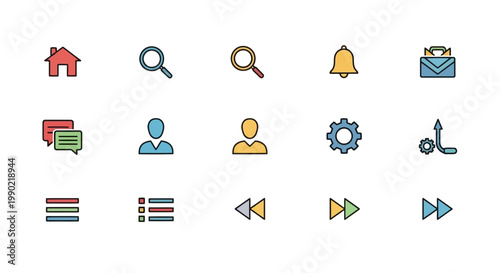 Vibrant outline icon set for web and mobile applications. Essential user interface elements like home, search, settings, profile, and media controls. Modern digital design