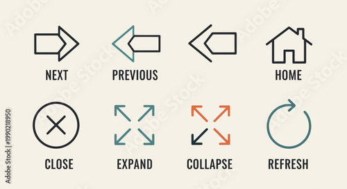 Versatile Collection of Line Art User Interface Icons for Web and App Design, Featuring Essential Navigation and Control Symbols in a Clean, Modern Style