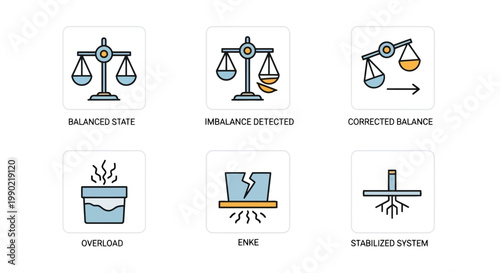 Vector icons depicting equilibrium, imbalance, and the dynamic processes of system correction, overload, integrity breaches, and stabilization