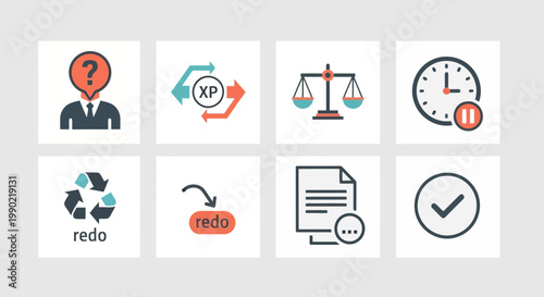 Essential modern vector icon collection for business, project management, and workflow, illustrating inquiry, process, balance, time control, revision, document actions, and task completion