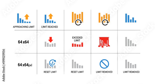 Vector illustration collection depicting data usage thresholds, limit indicators, progress metrics, and system status alerts for effective digital interface design