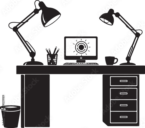 Black and white office desk with computer and lamps monitor