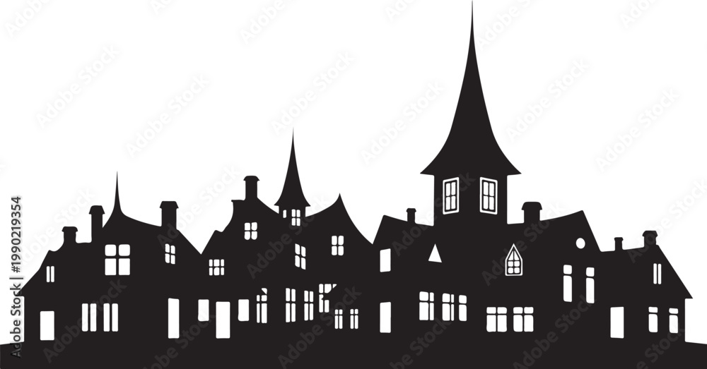 Obraz premium Black silhouette town, medieval village, Gothic architecture, city skyline