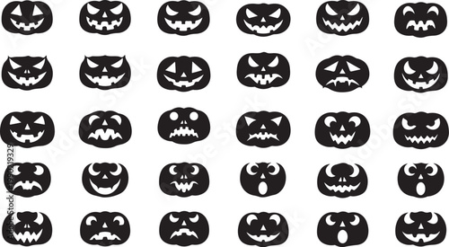 Halloween, jack o lanterns, spooky faces, black icons isolated on Transparent Background