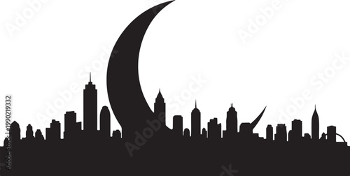 City skyline silhouette, urban landscape, black cityscape, moonlit metropolis vector