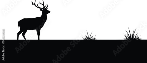 Deer Silhouette Standing on Grassy Hill against White Background