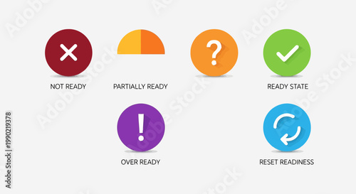 Comprehensive set of colorful user interface status icons depicting readiness levels, operational states, alerts, and reset options for digital applications and web design elements