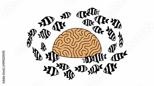 School of fish swimming around a stylized brain illustration.