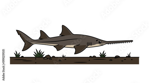 Cartoon Sawfish Swimming Underwater with Plants.