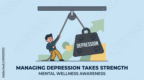 Man struggling to lift heavy weight labeled depression mental wellness awareness.