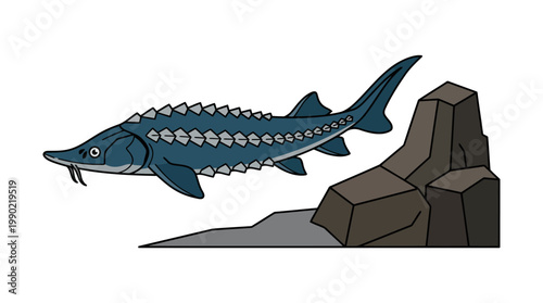 Sturgeon Fish Swimming Near Rocky Outcropping Illustration.