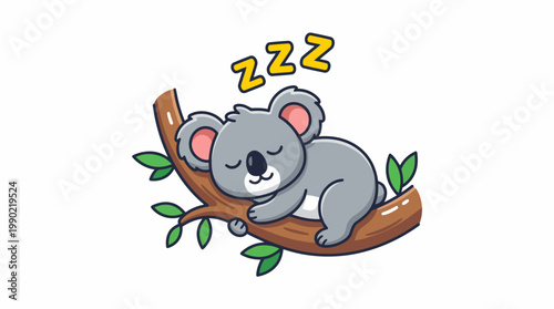 Cute cartoon koala sleeping peacefully on a tree branch.