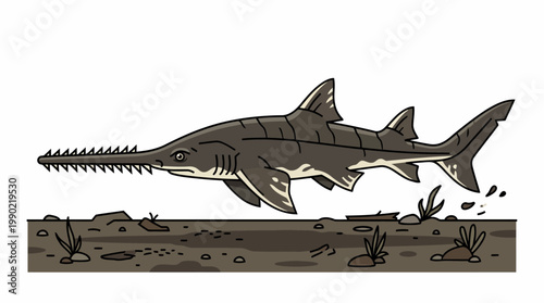 Sawfish illustration on white background with seabed detail.