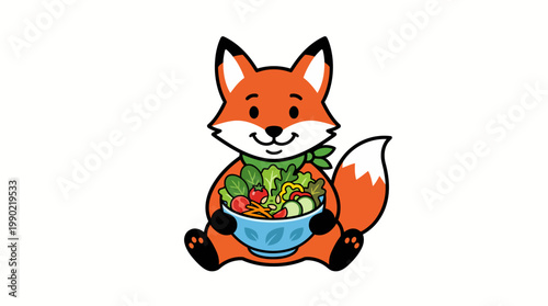 Cute cartoon fox holding a bowl of healthy food.