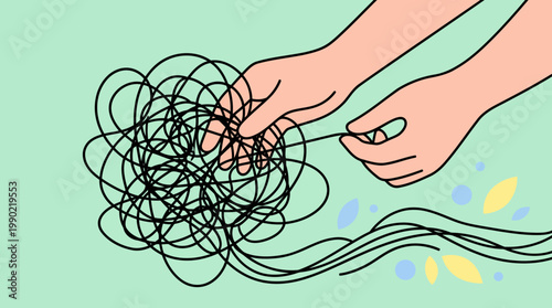 Hands untangling a complex knot of black string.