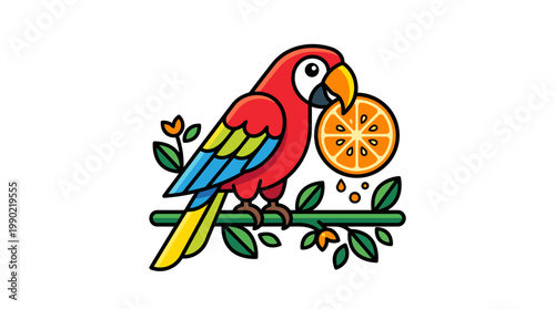 Colorful Parrot Eating a Slice of Orange Fruit.