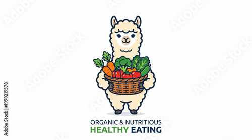 Cute cartoon llama holding a basket of fresh organic vegetables.