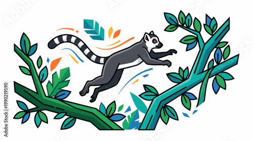 Ring Tailed Lemur Leaping Through Green Trees And Leaves.