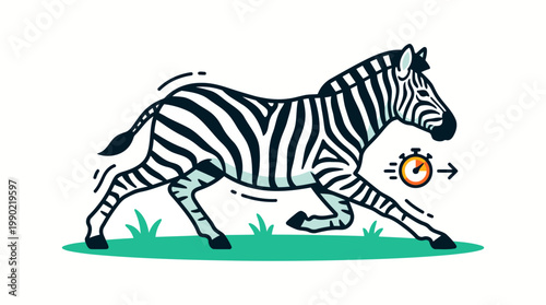 Stylized Zebra Running Fast with Stopwatch Icon.