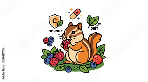 Chipmunk Eating Berries Surrounded by Health Symbols.