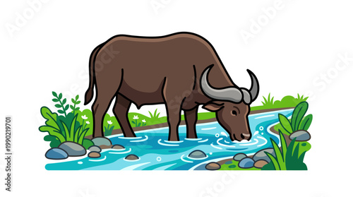 Cartoon Buffalo Drinking Water From Stream.