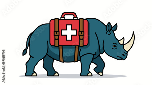 Rhino carrying a first aid kit on its back.