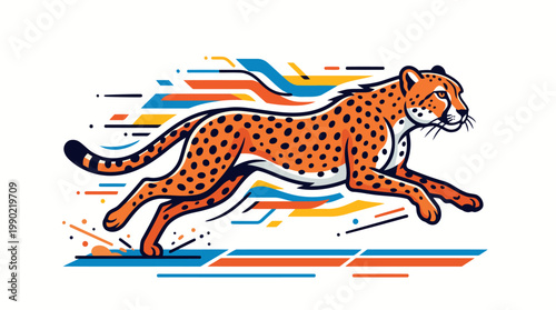 Cheetah running fast with abstract colorful lines illustration.