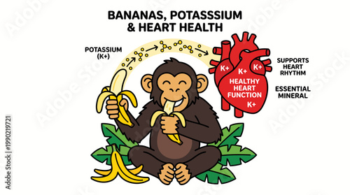 Monkey Eating Banana Near Heart Illustration Potassium Health Benefits.