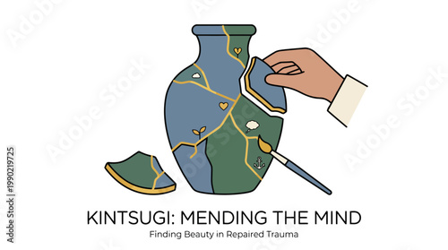 Kintsugi art repairing a broken vase with gold lacquer.