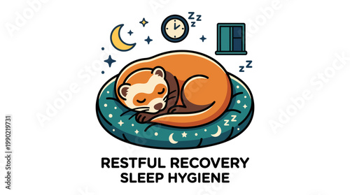 Cute cartoon ferret sleeping peacefully on a comfortable bed with moon and stars.