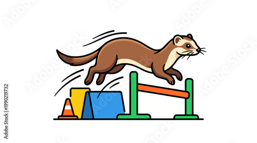 Ferret jumping over an agility obstacle course.